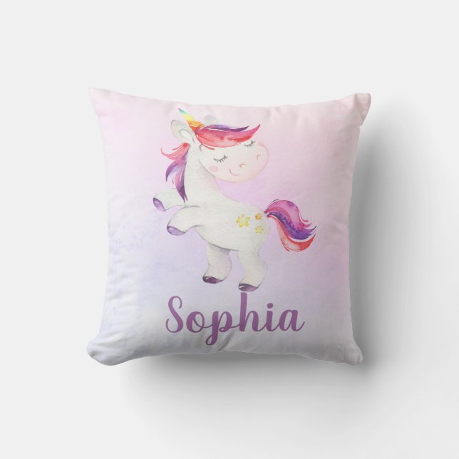 Unicorn-Regenbogenpersonalisierter rosa Kissen (Vorderseite)