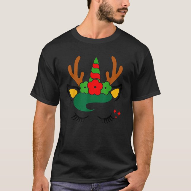 Unicorn Reindeer Face with Flowers Wreath Cute Chr T-Shirt (Vorderseite)