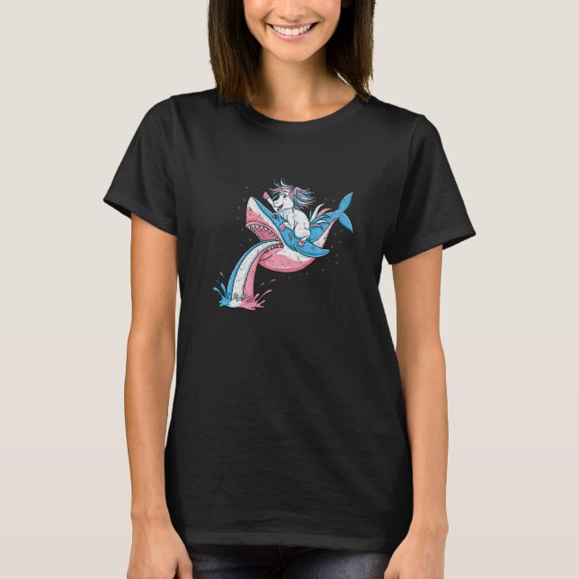 Unicorn Reiten Trans Pride Shark Transgender Vinta T-Shirt (Vorderseite)