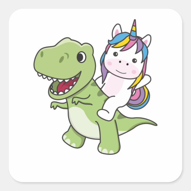 Unicorn Rides On Trex Cute Dinosaur With Unicorns Quadratischer Aufkleber (Vorderseite)