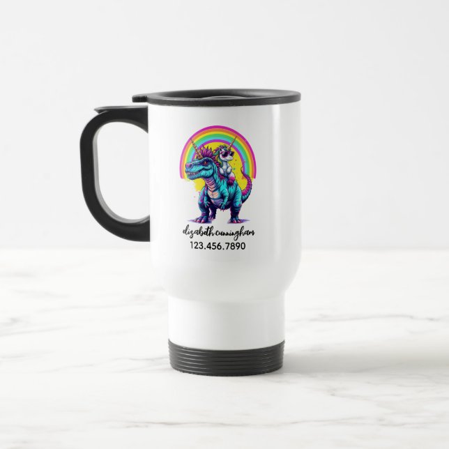 Unicorn Riding Dinosaur Rainbow Name school Reisebecher (Links)