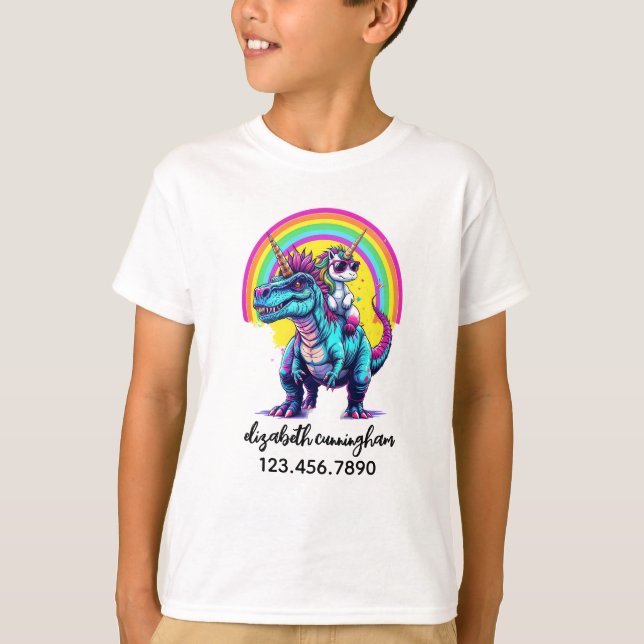 Unicorn Riding Dinosaur Rainbow Name school T-Shirt (Vorderseite)