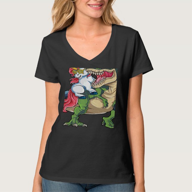 Unicorn Riding rex Dinosaur Rainbow Boys Girls Tee (Vorderseite)