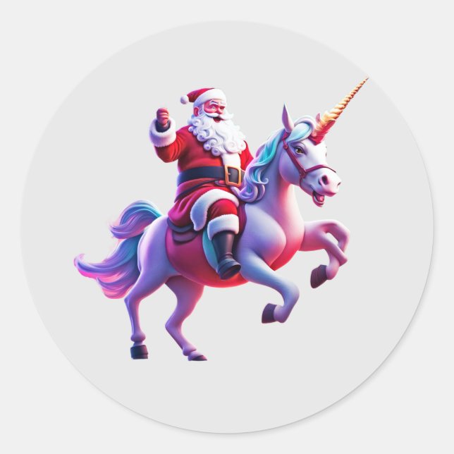 Unicorn Riding Santa Runder Aufkleber (Vorderseite)