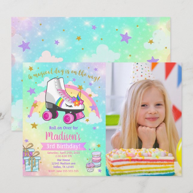 Unicorn Roller Skate Birthday Invitation (Devant / Derrière)