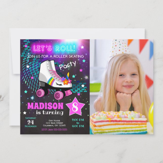 Unicorn Roller Skating Birthday Party Invitation Einladung (Vorderseite)