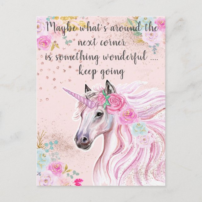 Unicorn Rosa Aquamarines Blumengoldzitat Glitzer Postkarte (Vorderseite)