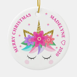 Unicorn Rosa Blume Glitzer Personalisierter Name Keramik Ornament