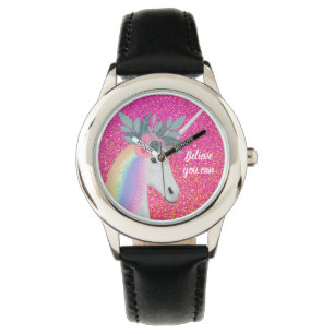 Unicorn Rosa Glitzer Fantasy Blume Kinder Armbanduhr