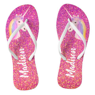 Unicorn Rosa Glitzer Glitzern Personalisiert Flip Flops