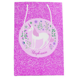 Unicorn Rosa Glitzer Personalisierter Name Mittlere Geschenktüte