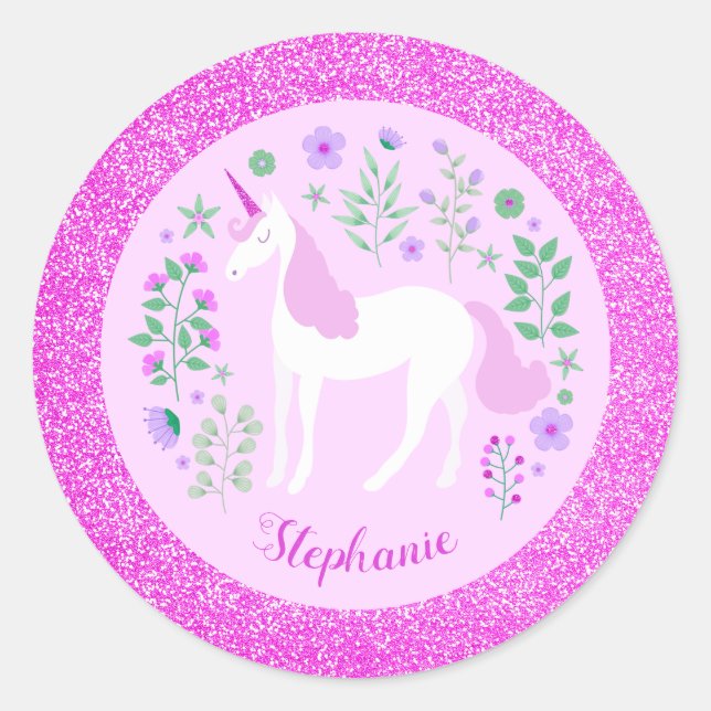 Unicorn Rosa Glitzer Personalisierter Name Runder Aufkleber (Vorderseite)