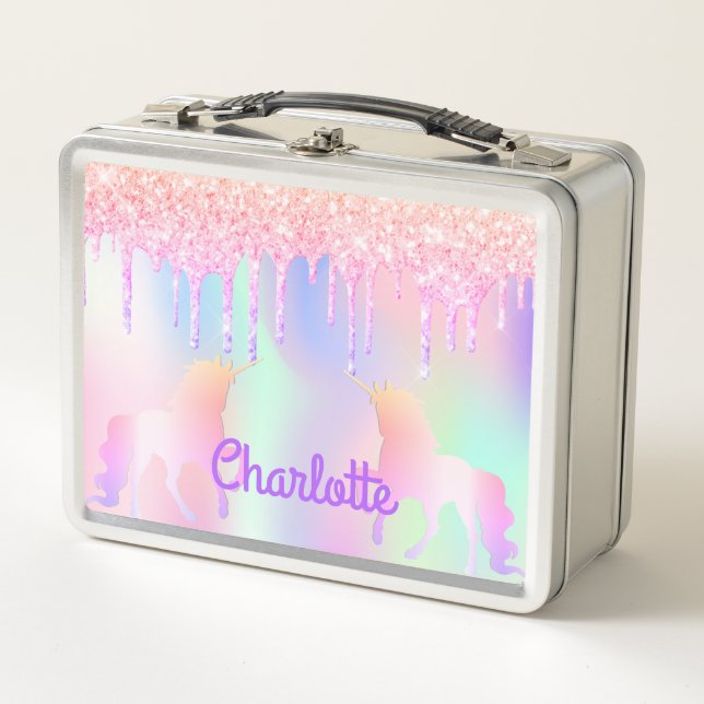 Unicorn-Rosa-Glitzer-Tropfen glänzen Monogramm Metall Brotdose (Vorderseite)