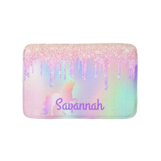 Unicorn rosa Glitzer Tropfen Name holografisch Badematte (Vorderseite)