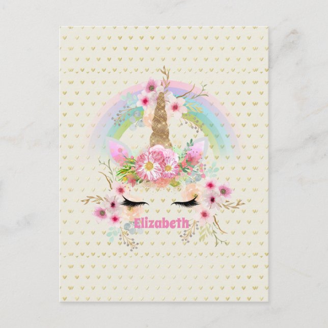 Unicorn Rosa Gold Glitzer Aussehen Benannte Girls  Postkarte (Vorderseite)