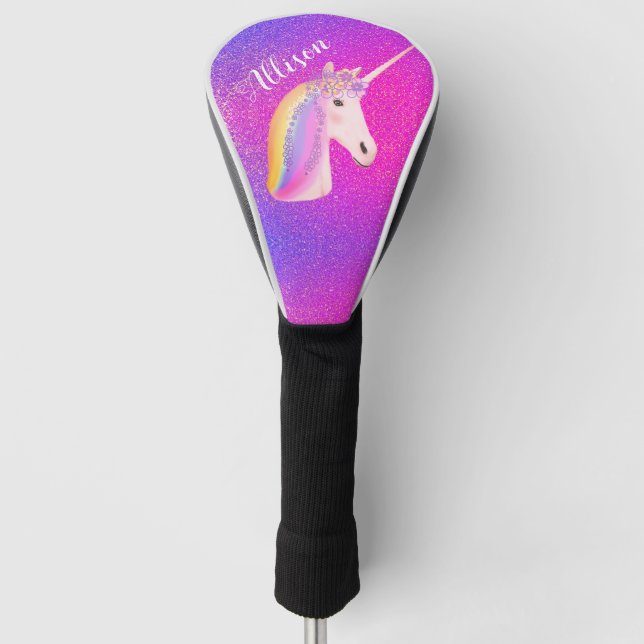 Unicorn Rosa Lila Glitzer Personalisiert Golf Headcover (Vorderseite)