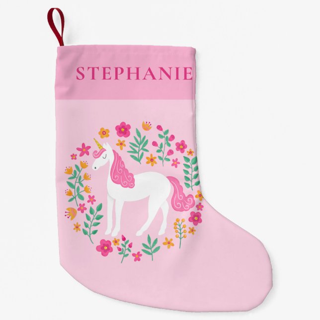 Unicorn Rosa orangefarbener Personalisierter Name  Kleiner Weihnachtsstrumpf (Vorderseite)