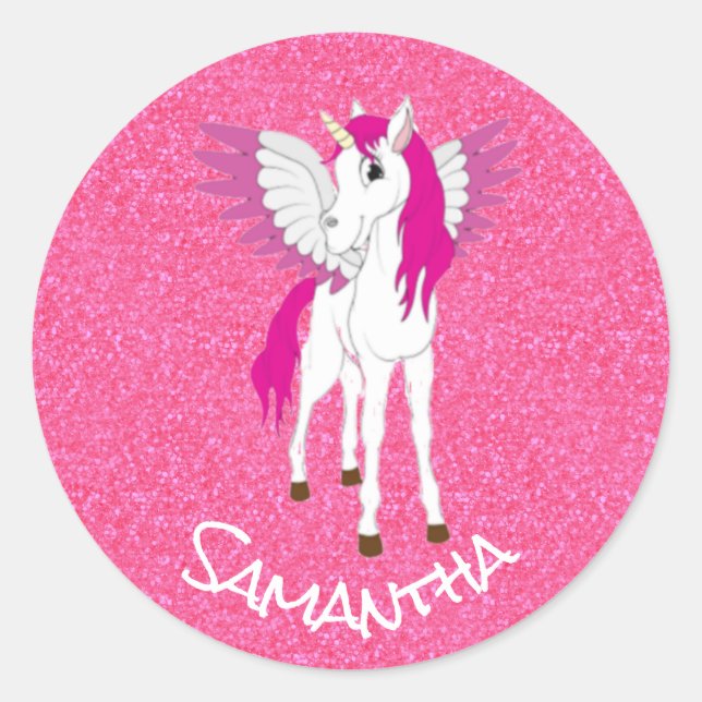 Unicorn Rosa Party Glitzer Runder Aufkleber (Vorderseite)
