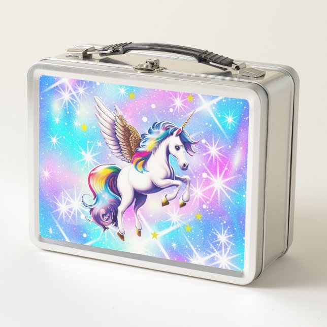 Unicorn Rosa und Blau Iridescent Sparkle Metall Brotdose (Vorderseite)