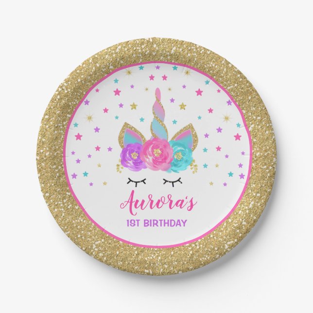 Unicorn-Rosa und Goldpapierplatte 7" PapierTeller (Vorderseite)