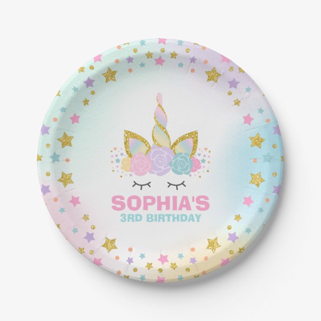 Unicorn-Rosa und Goldpapierplatte 7" PapierTeller (Vorderseite)