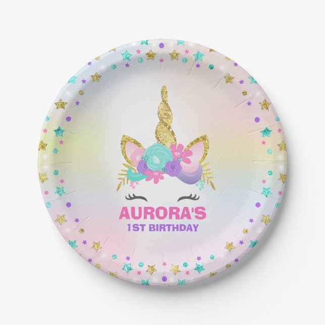 Unicorn-Rosa und Goldpapierplatte 7" PapierTeller (Vorderseite)