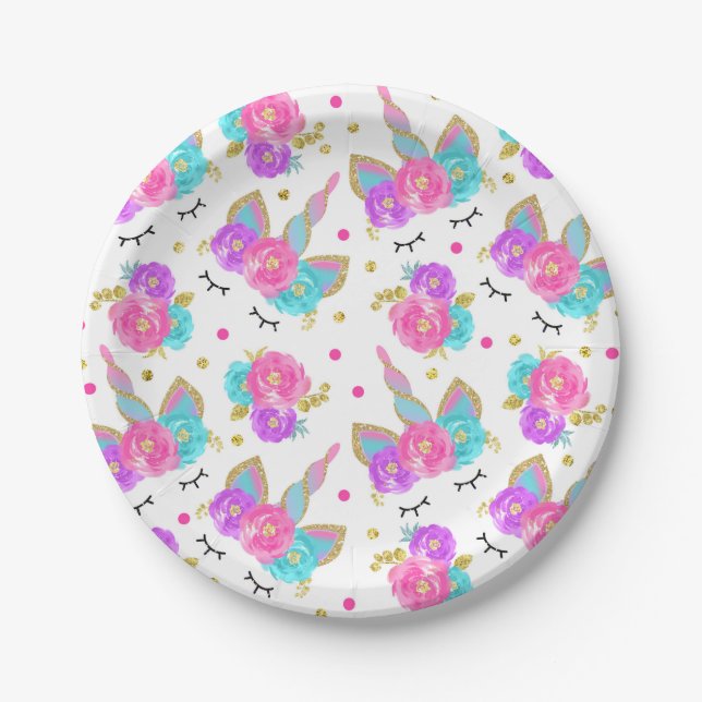 Unicorn-Rosa und Goldpapierplatte 7" PapierTeller (Vorderseite)