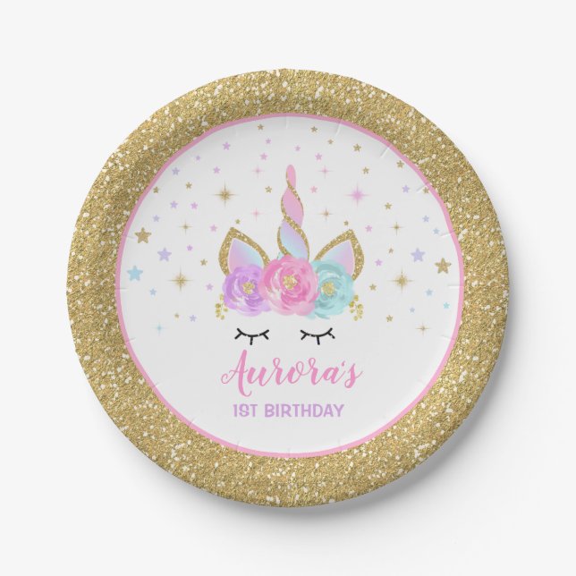 Unicorn-Rosa und Goldpapierplatte 7" PapierTeller (Vorderseite)