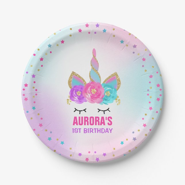 Unicorn-Rosa und Goldpapierplatte 7" PapierTeller (Vorderseite)