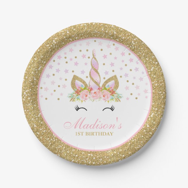 Unicorn-Rosa und Goldpapierplatte 7" PapierTeller (Vorderseite)
