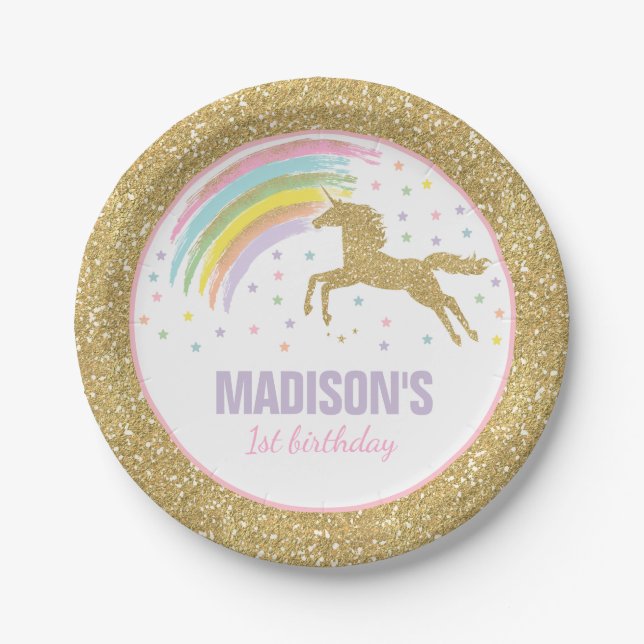 Unicorn-Rosa und Goldpapierplatte 7" PapierTeller (Vorderseite)