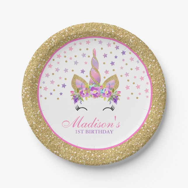 Unicorn-Rosa und Goldpapierplatte 7" PapierTeller (Vorderseite)
