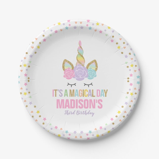 Unicorn-Rosa und Goldpapierplatte 7" PapierTeller (Vorderseite)