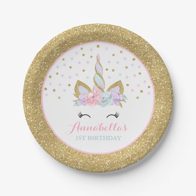 Unicorn-Rosa und Goldpapierplatte 7" PapierTeller (Vorderseite)