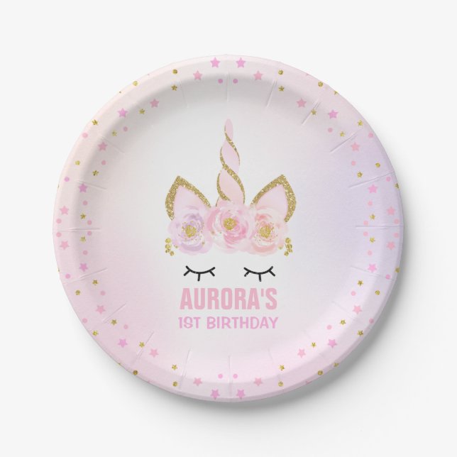 Unicorn-Rosa und Goldpapierplatte 7" PapierTeller (Vorderseite)