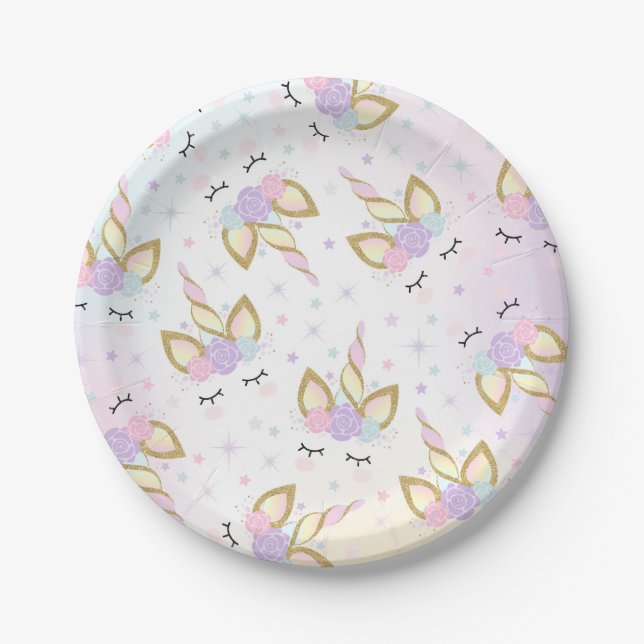 Unicorn-Rosa und Goldpapierplatte 7" PapierTeller (Vorderseite)