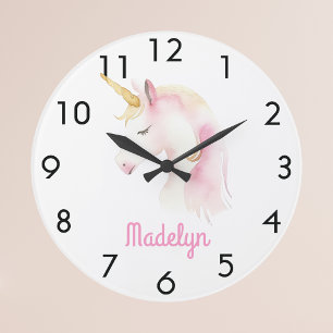 Unicorn, rosa, weiße Bezeichnung Große Wanduhr