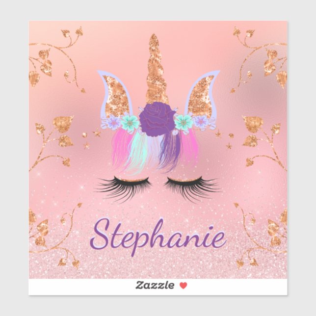 Unicorn Rose Gold Glitzer Personalisierter Name Aufkleber (Blatt)