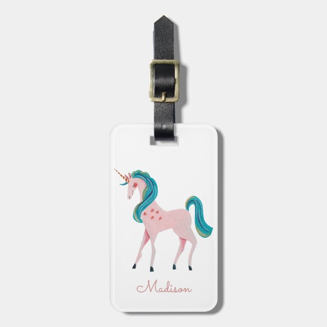 Unicorn rose mignonne filles étiquette bagage (Devant Vertical)