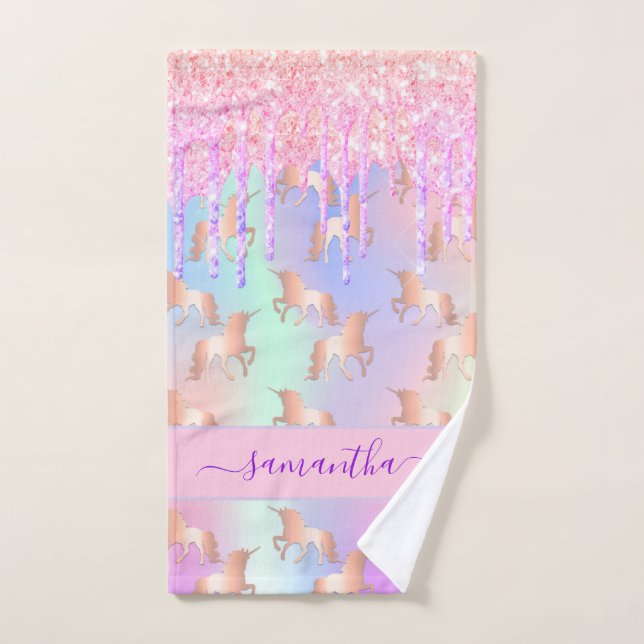 Unicorn rose violet nom holographique (Serviette à main)