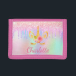 Unicorn rot Rosa lila Glitzer Mädchen niedlich Trifold Geldbörse<br><div class="desc">Ein holografischer,  rätselhafter Hintergrund. Rosa,  lila und Rose vergoldete Imitate aus Glitzer und ein goldener Einhornkopf. Personalisieren Sie Ihren Namen und fügen Sie ihn hinzu. Der Name wird mit einem handgeschriebenen Stilskript geschrieben.</div>