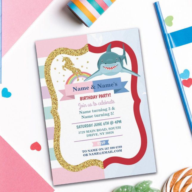 Unicorn & Shark Joint Boy Girl Birthday Einladung (Von Creator hochgeladen)