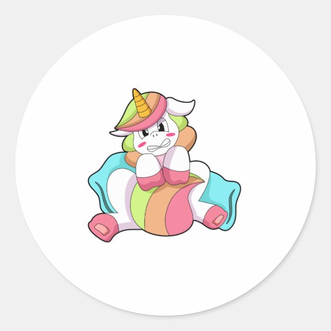 Unicorn Shy mit Kissen Runder Aufkleber (Vorderseite)
