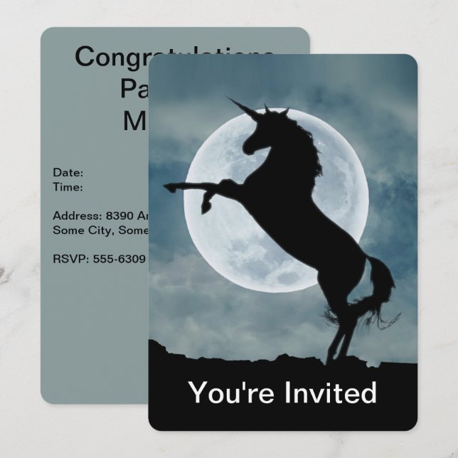 Unicorn Silhouette Vollmond Herzlichen Glückwunsch Einladung (Vorne/Hinten)