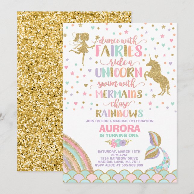 Unicorn Sirène Et Fée Invitation Anniversaire (Devant / Derrière)