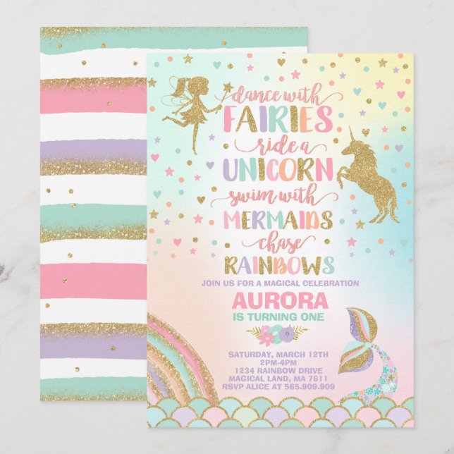 Unicorn Sirène Et Fée Invitation Anniversaire (Devant / Derrière)