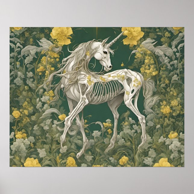 Unicorn Skelett in den gelben Blumen Poster (Vorne)