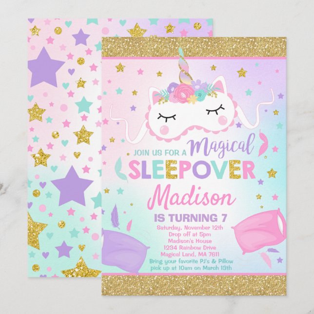 Unicorn Sleepover Party Einladung Slumber Party (Vorne/Hinten)