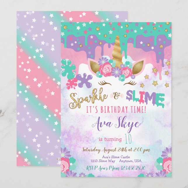 Unicorn Slime Anniversaire Invitation Slime Party (Devant / Derrière)