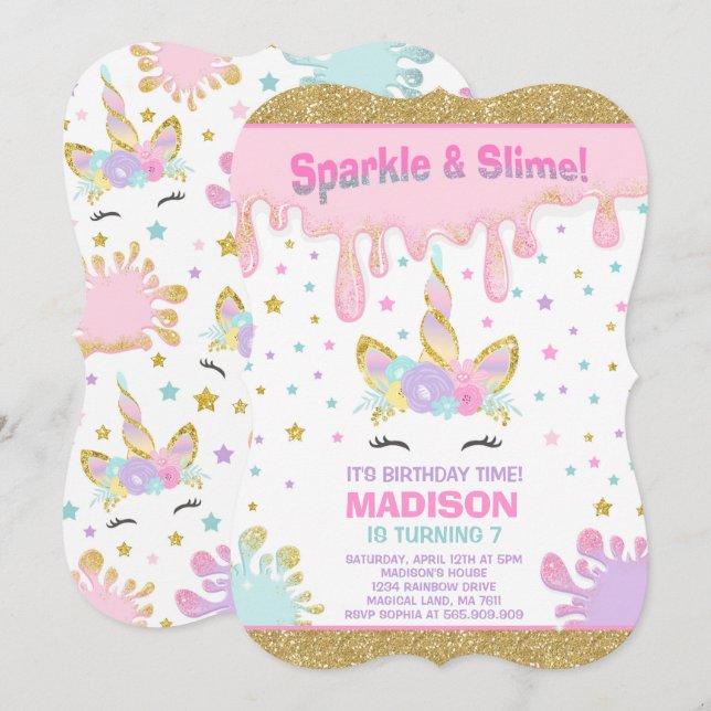 Unicorn Slime Anniversaire Invitation Slime Party (Devant / Derrière)
